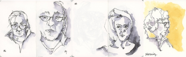 For my remaining sketches, I wanted to achieve a more accurate likeness of my subjects (which I did not achieve on 86-88, but did better on 89). These four were done with an inexpensive Pilot Varsity fountain pen with water soluble ink that bleeds beautifully for dramatic effects. I loved this pen for quick sketches with the simplest of washes.